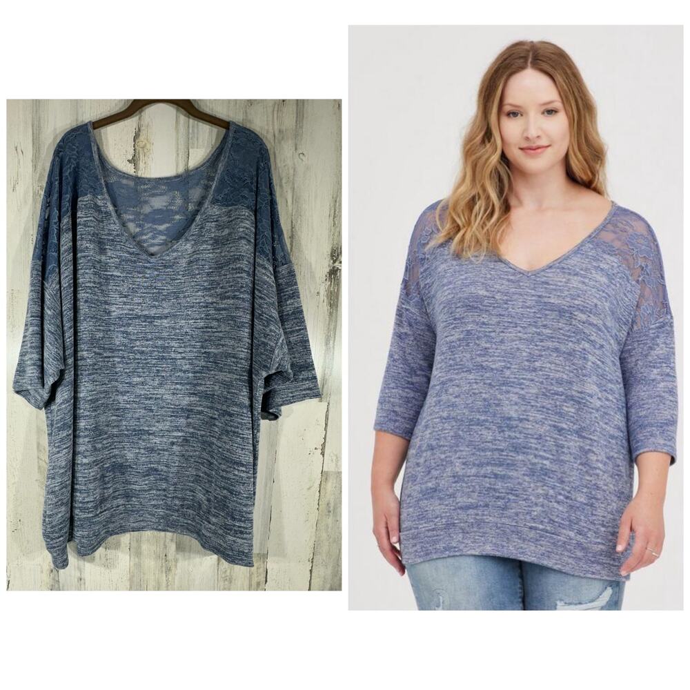 Torrid Top 5 or 5X Relaxed Fit Super Soft Plush V-Neck Lace Yoke Blue Space Dye‎